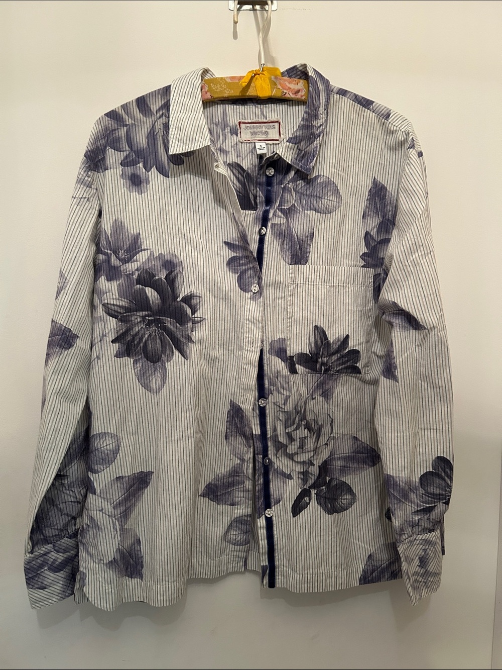Johnny Was Blue Floral Striped Button-Down Shirt